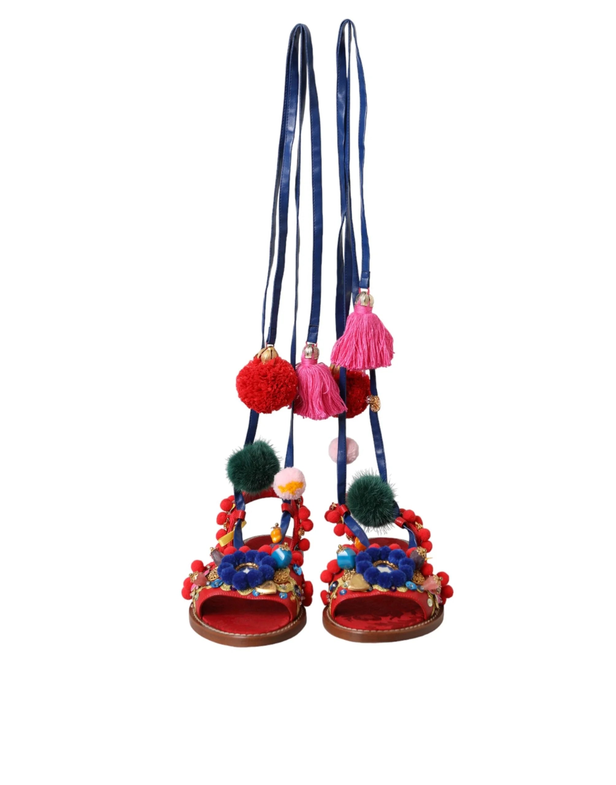 Dolce & Gabbana Multicolor Pom Pom Fur Wrap Sandals Shoes - Sandals