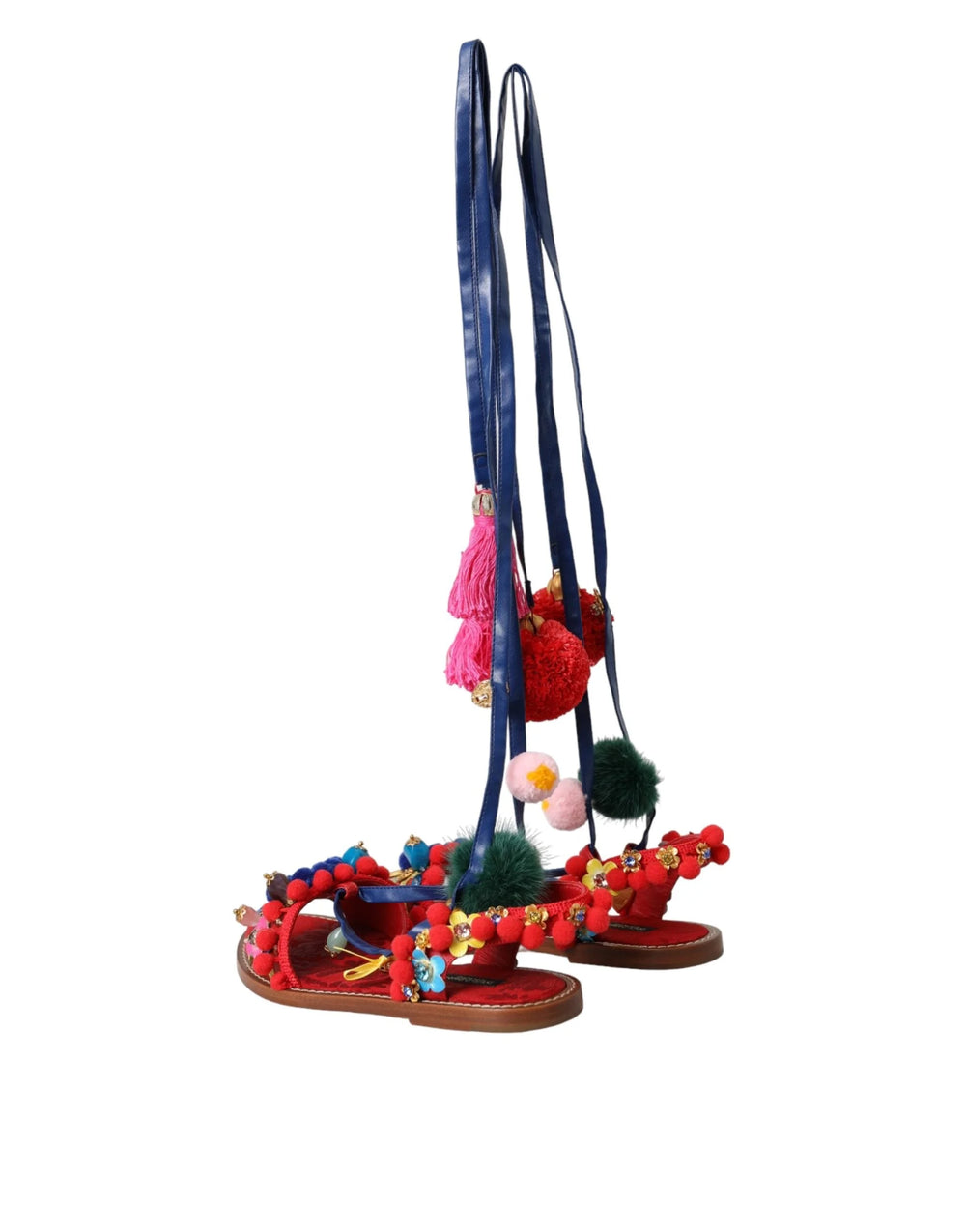 Dolce & Gabbana Multicolor Pom Pom Fur Wrap Sandals Shoes - Sandals