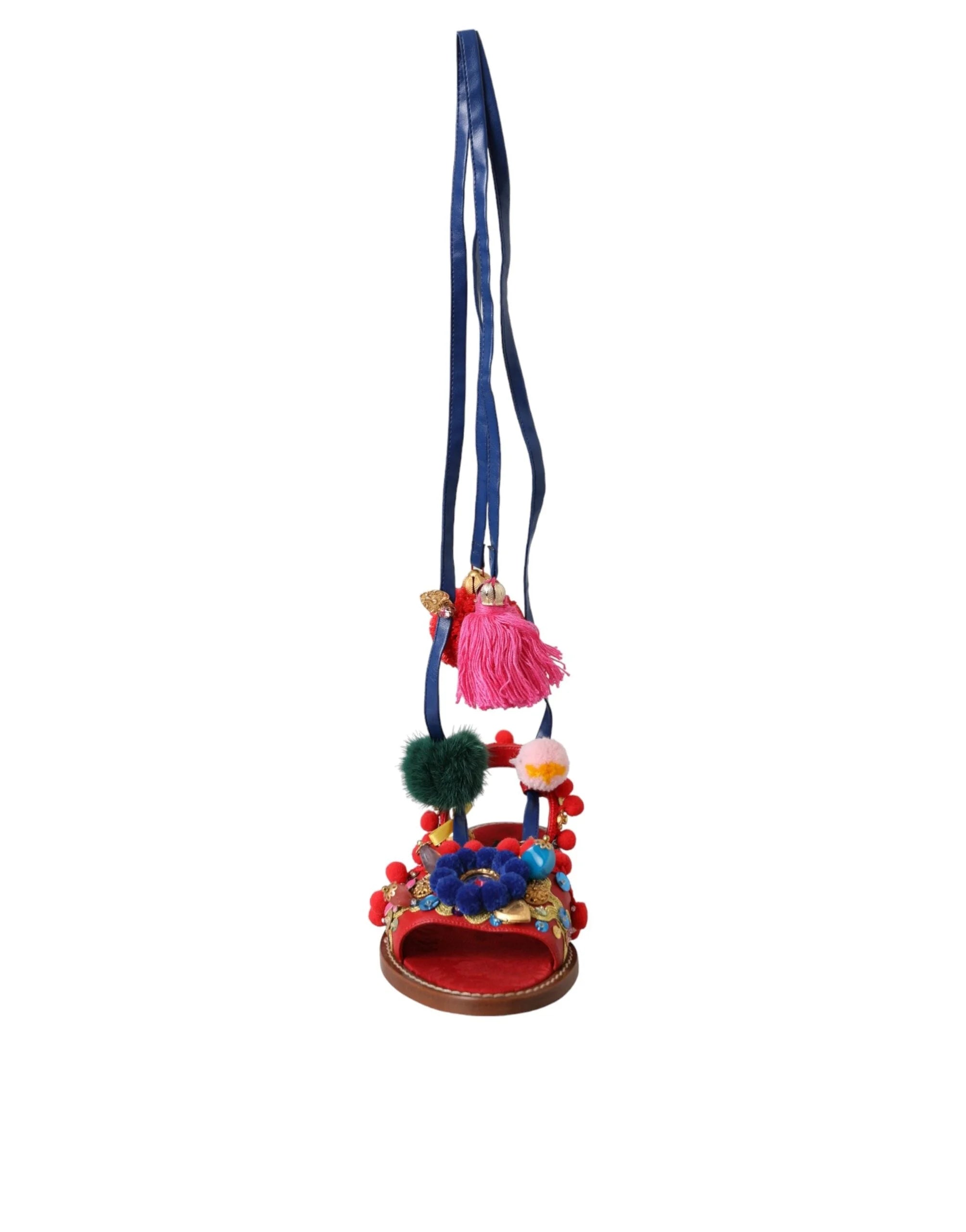 Dolce & Gabbana Multicolor Pom Pom Fur Wrap Sandals Shoes - Sandals