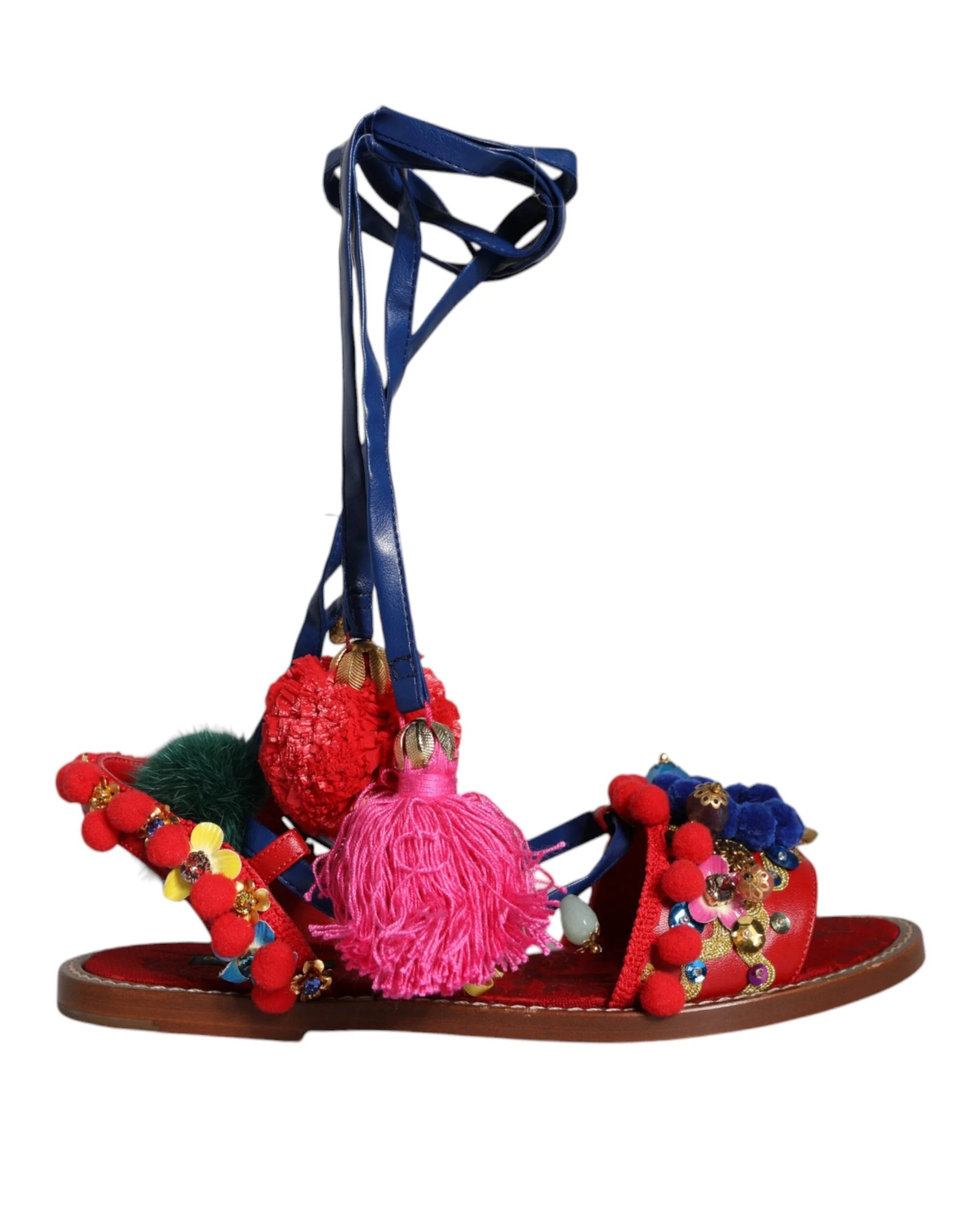 Dolce & Gabbana Multicolor Pom Pom Fur Wrap Sandals Shoes - EU38/US7.5