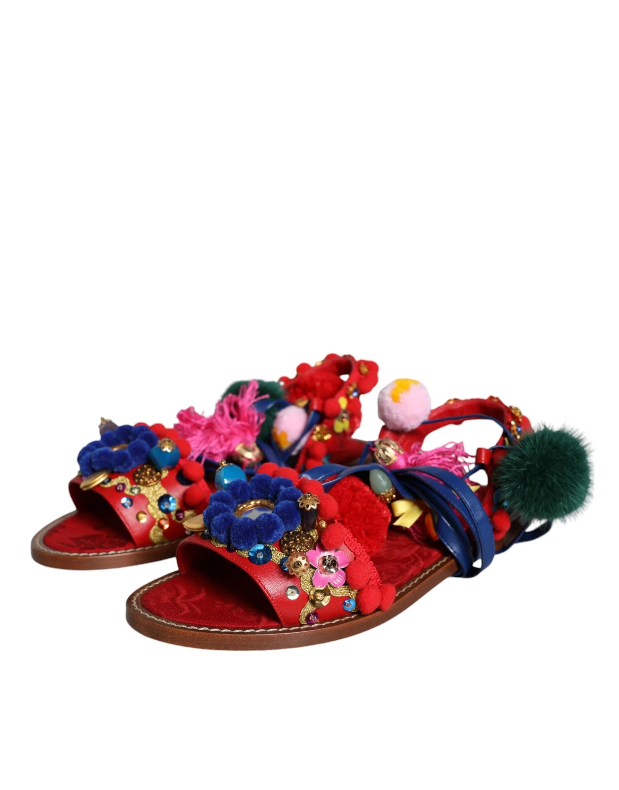 Dolce & Gabbana Multicolor Pom Pom Fur Wrap Sandals Shoes - EU38/US7.5