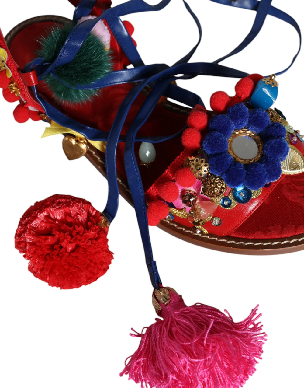 Dolce & Gabbana Multicolor Pom Pom Fur Wrap Sandals Shoes - EU38/US7.5