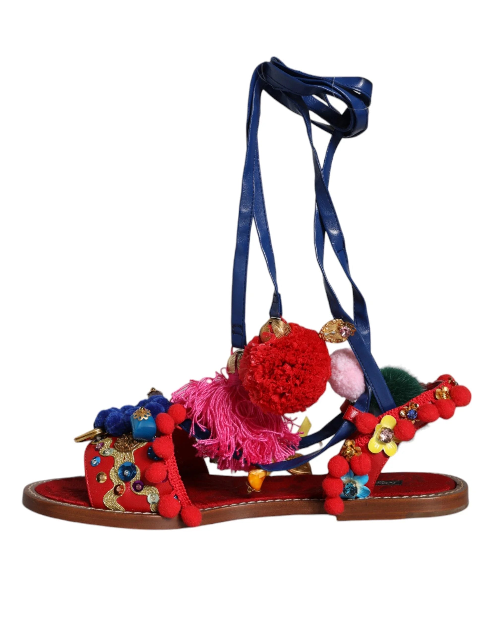 Dolce & Gabbana Multicolor Pom Pom Fur Wrap Sandals Shoes - EU38/US7.5 - Sandals