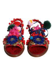 Dolce & Gabbana Multicolor Pom Pom Fur Wrap Sandals Shoes - EU38/US7.5 - Sandals