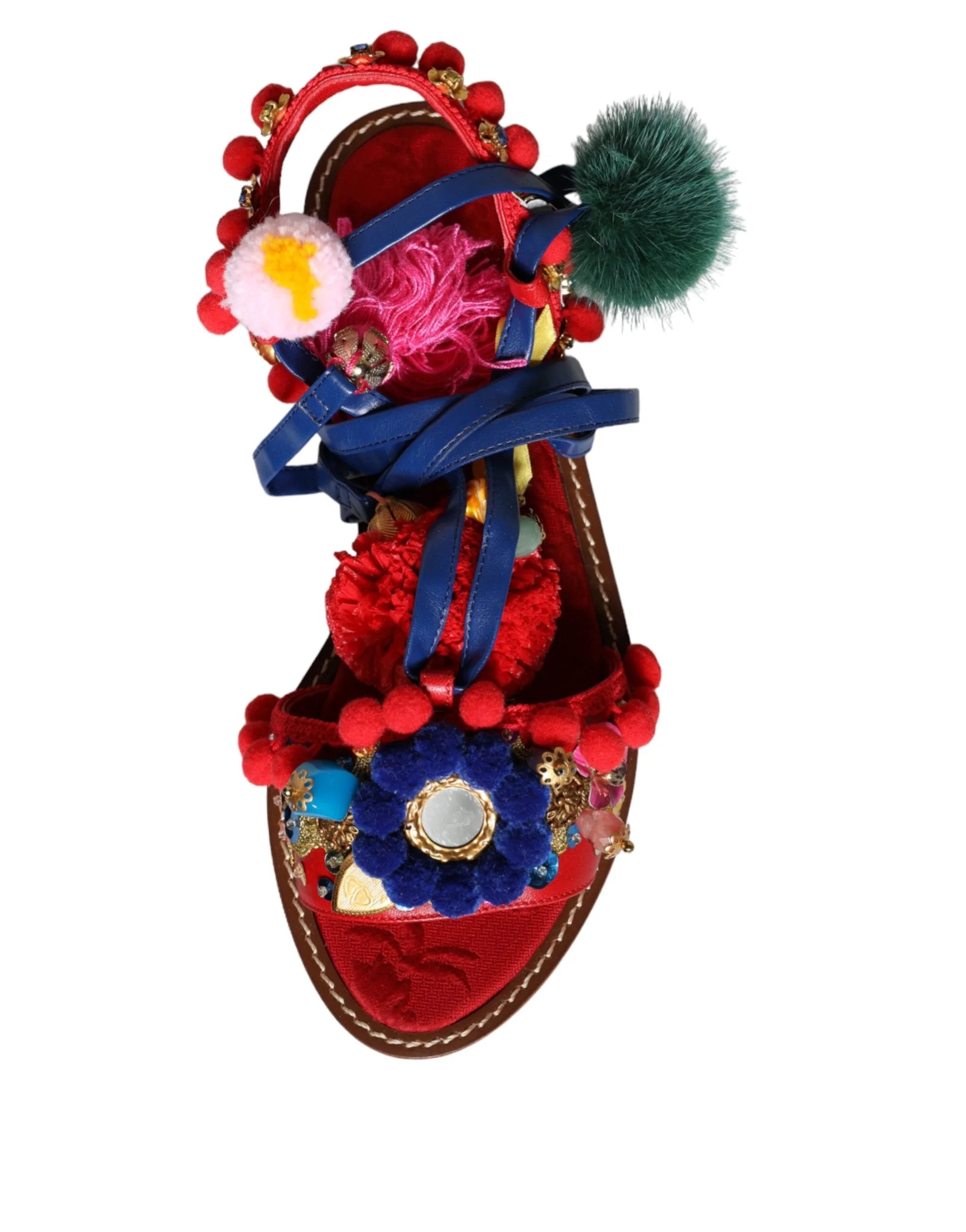 Dolce & Gabbana Multicolor Pom Pom Fur Wrap Sandals Shoes - EU38/US7.5 - Sandals