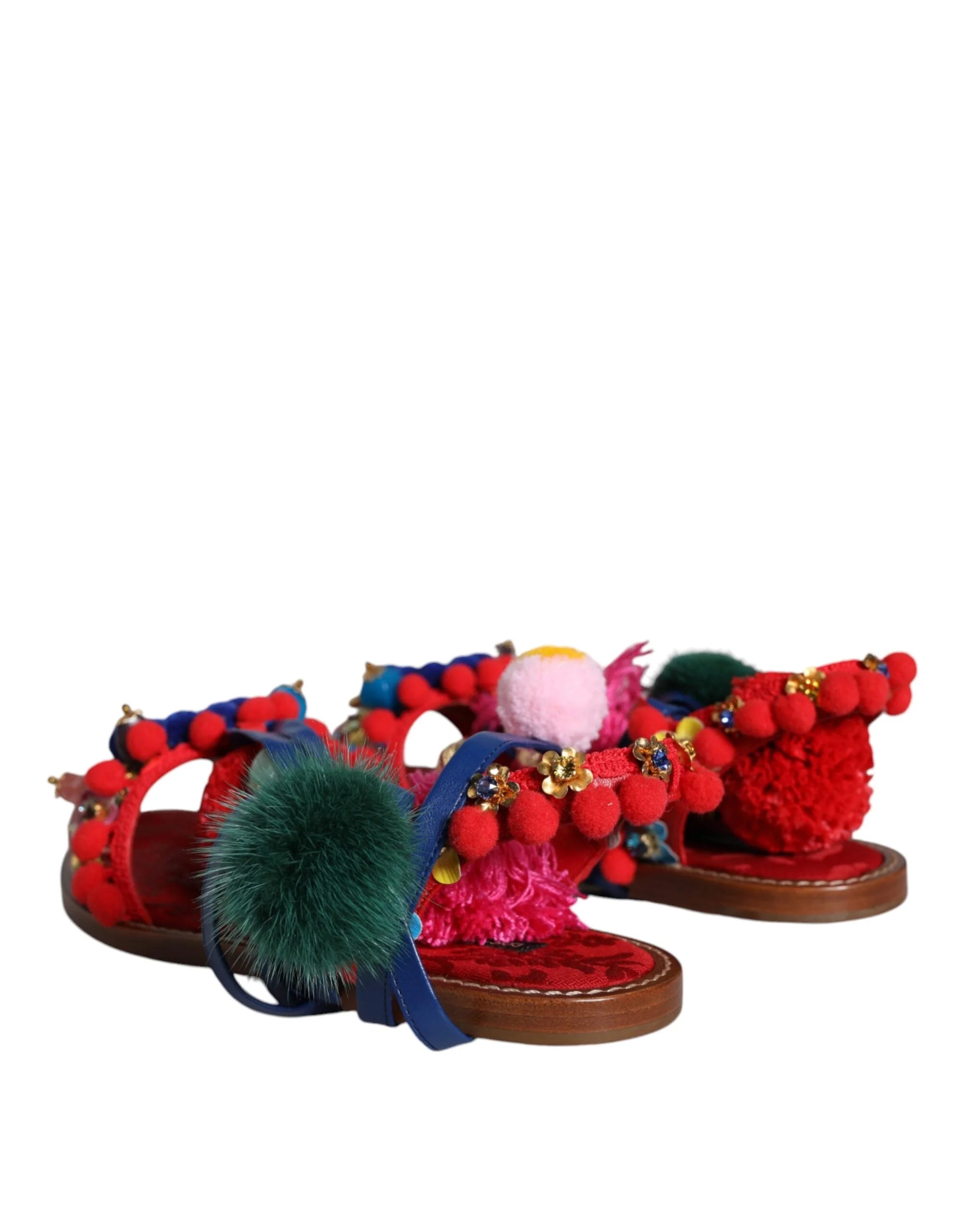 Dolce & Gabbana Multicolor Pom Pom Fur Wrap Sandals Shoes - EU38/US7.5