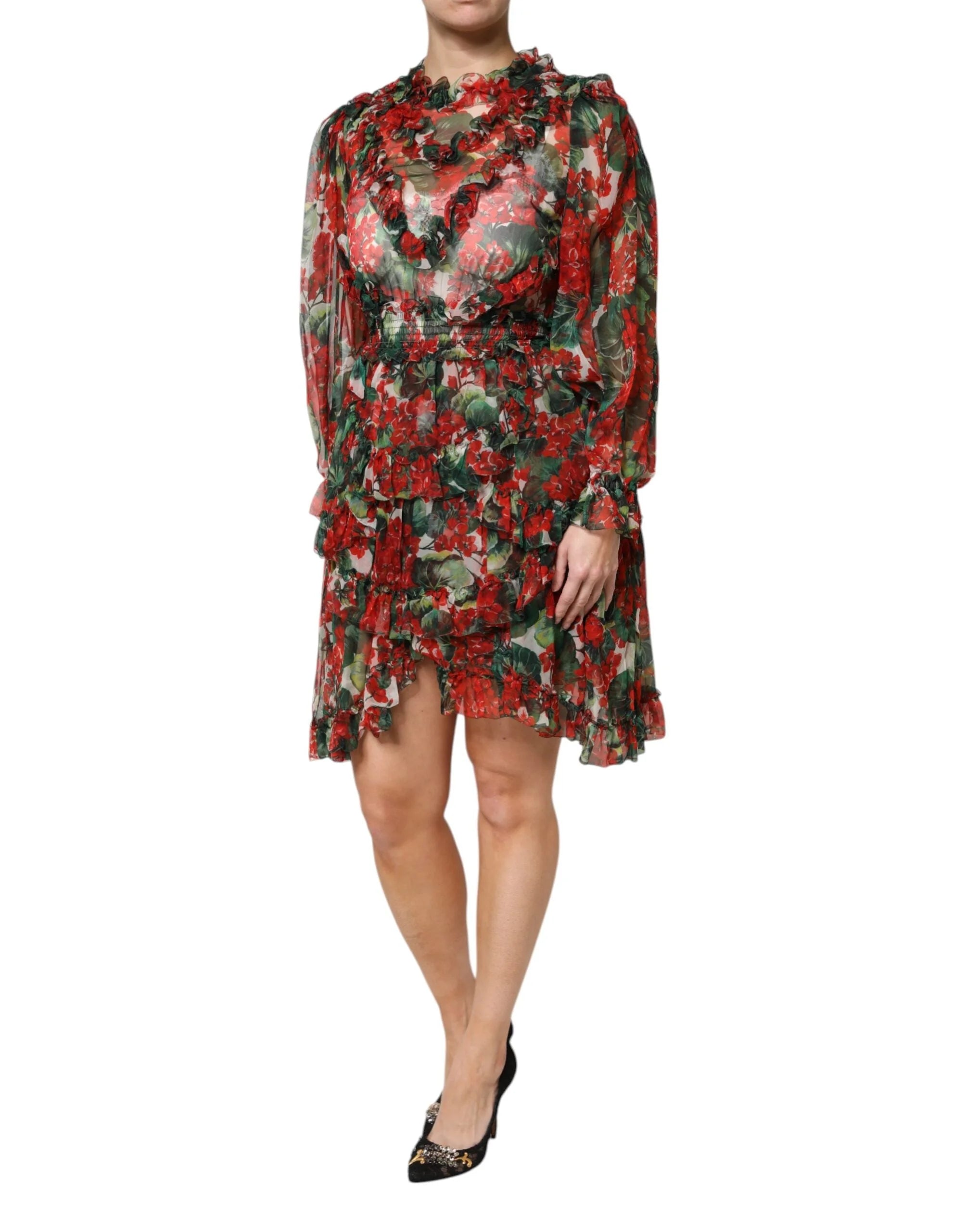 Dolce & Gabbana Multicolor Ruffle Floral Long Sleeves Dress - Dresses