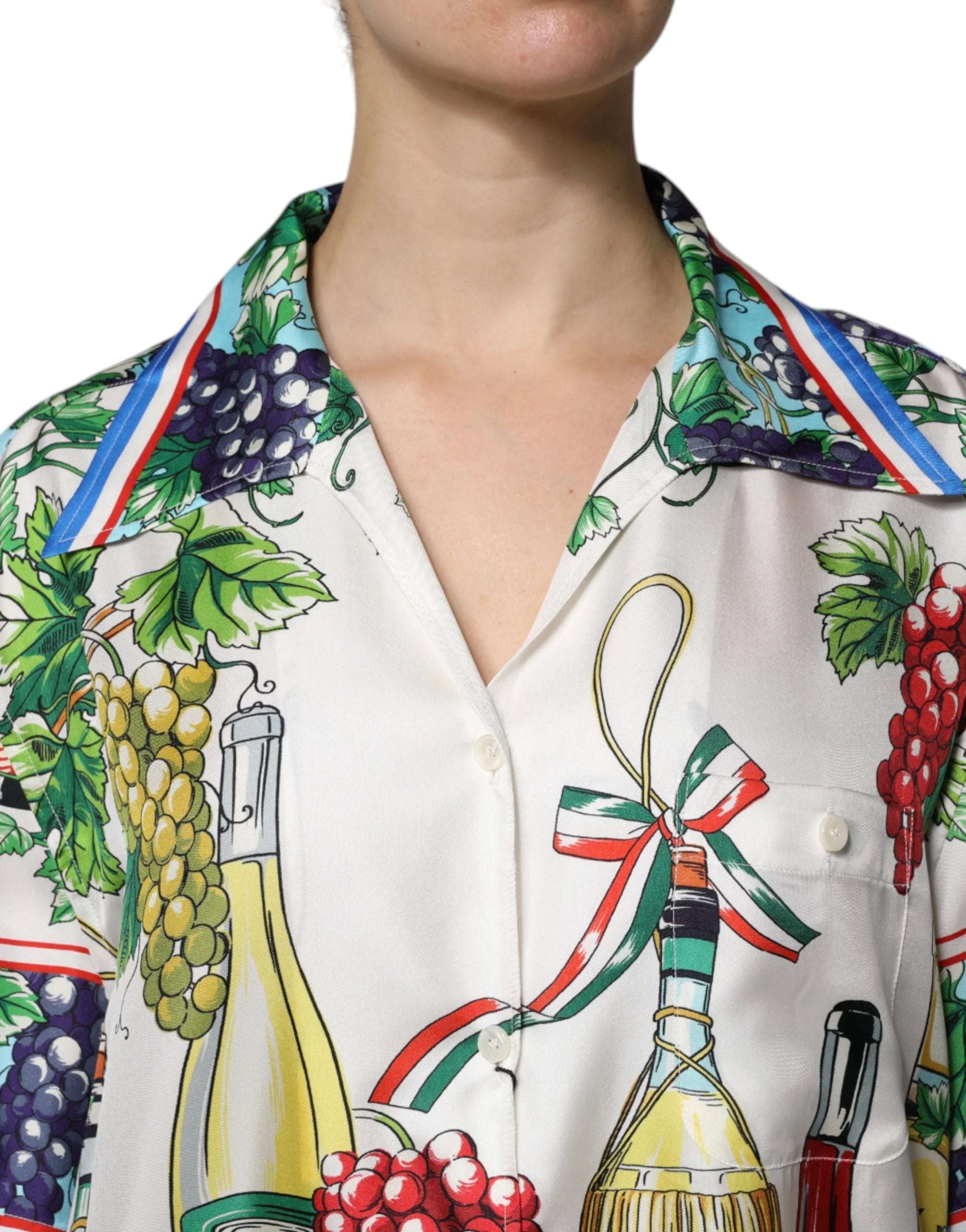 Dolce & Gabbana. Πολύχρωμο, κοντομάνικο, μεταξωτό πουκάμισο με σχέδιο φαγητού - Μπλούζες