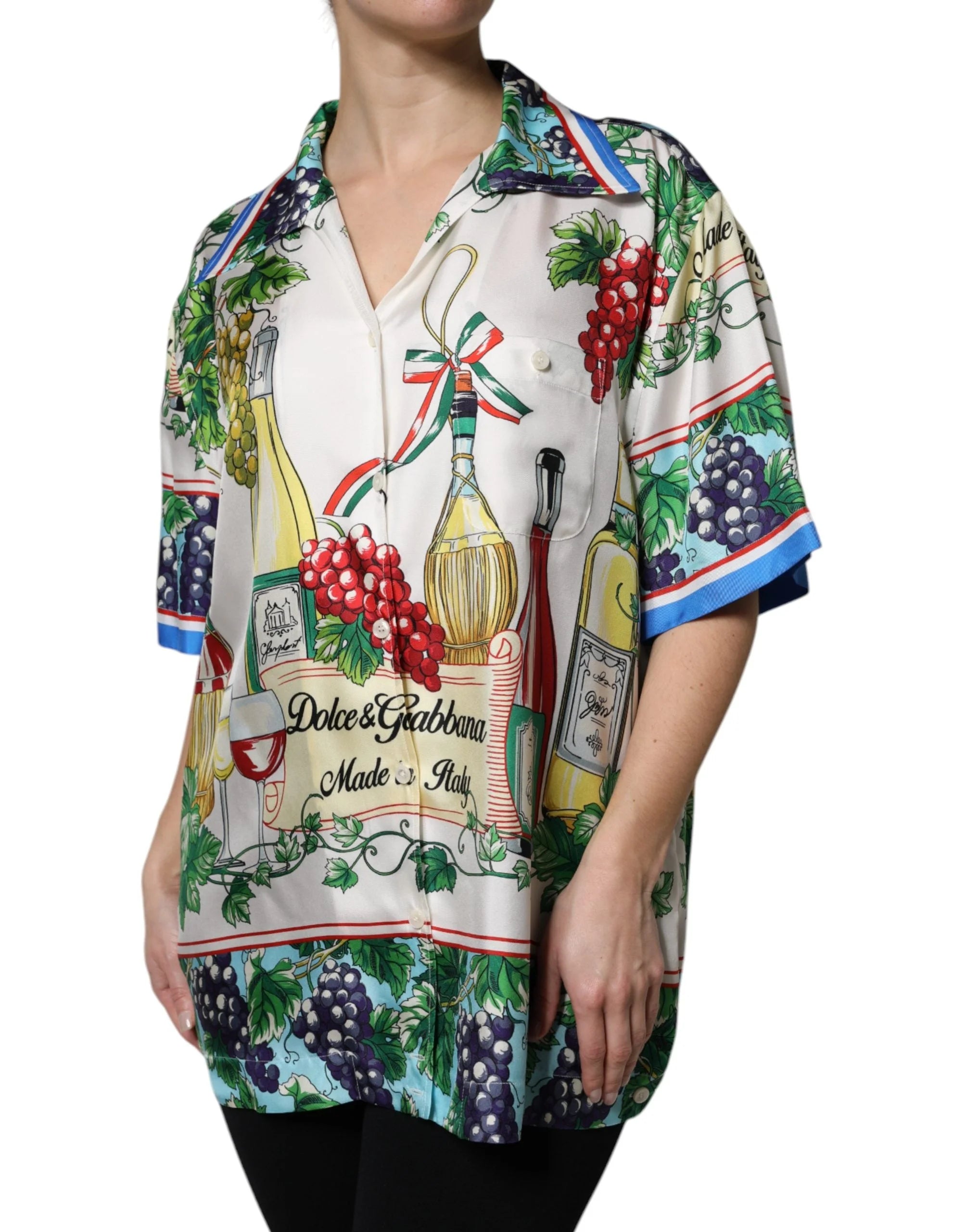 Dolce & Gabbana. Πολύχρωμο, κοντομάνικο, μεταξωτό πουκάμισο με σχέδιο φαγητού - Μπλούζες