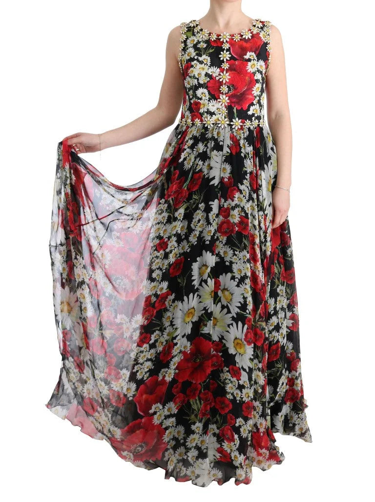 Dolce & Gabbana Multicolor Silk Floral Crystal Long Maxi Dress - IT44|L - Dresses