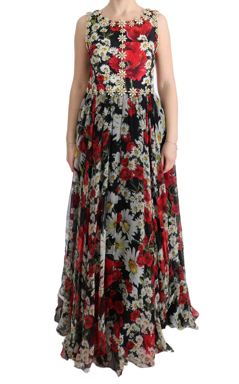 Dolce & Gabbana Multicolor Silk Floral Crystal Long Maxi Dress - IT44|L - Dresses