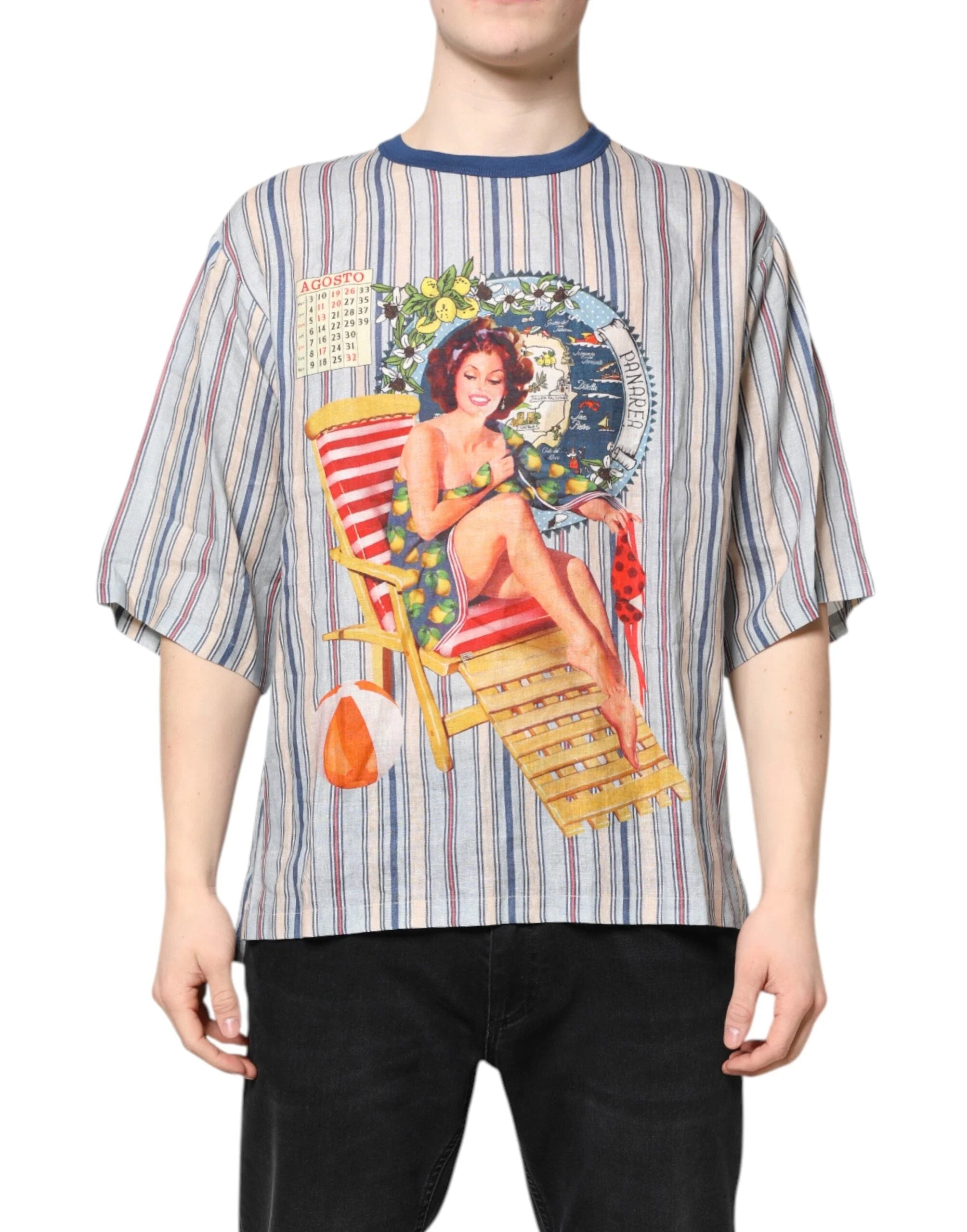Dolce & Gabbana Multicolor Striped Pin Up Linen Round Neck T-shirt - T-Shirts
