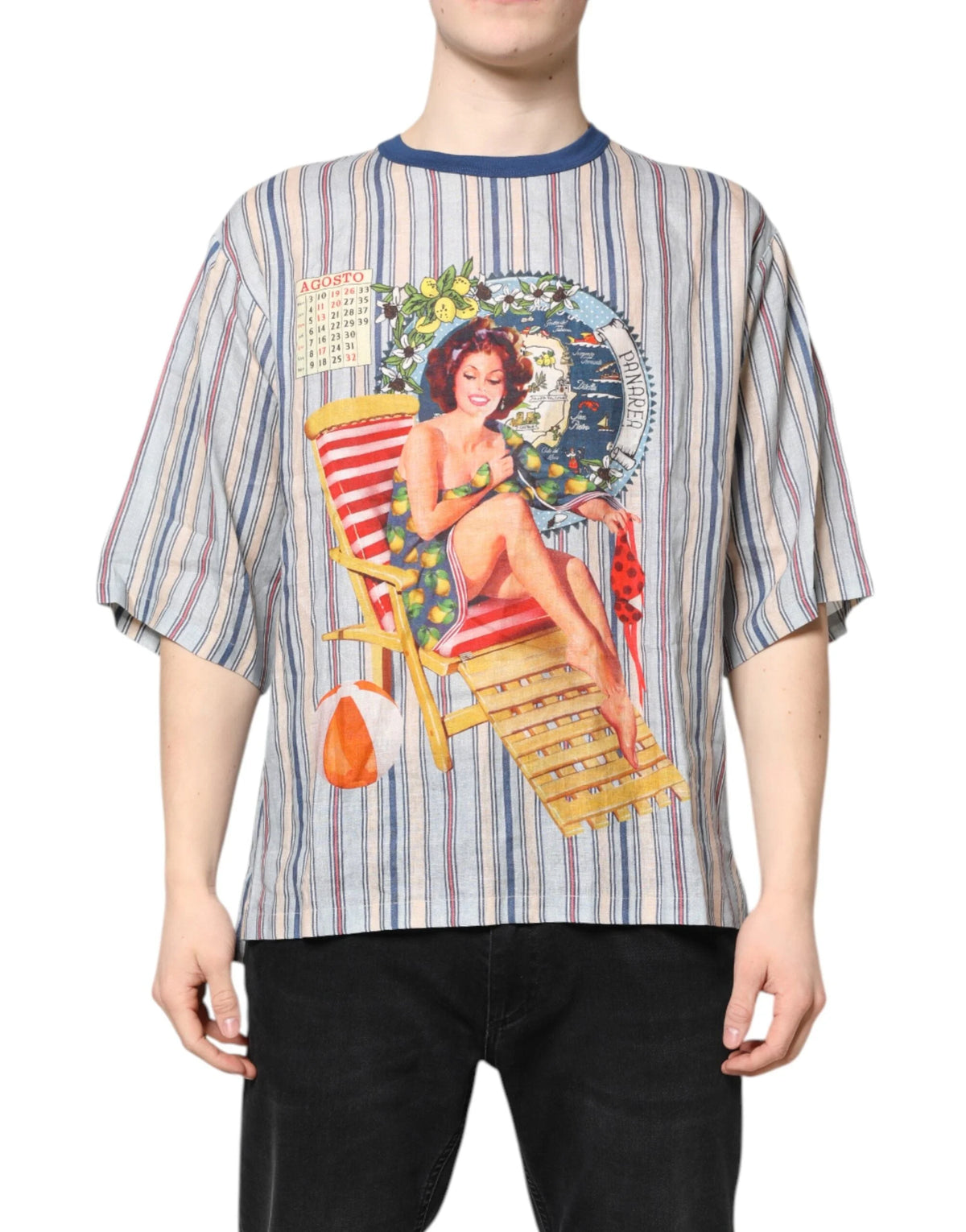 Dolce & Gabbana Multicolor Striped Pin Up Linen Round Neck T-shirt - T-Shirts
