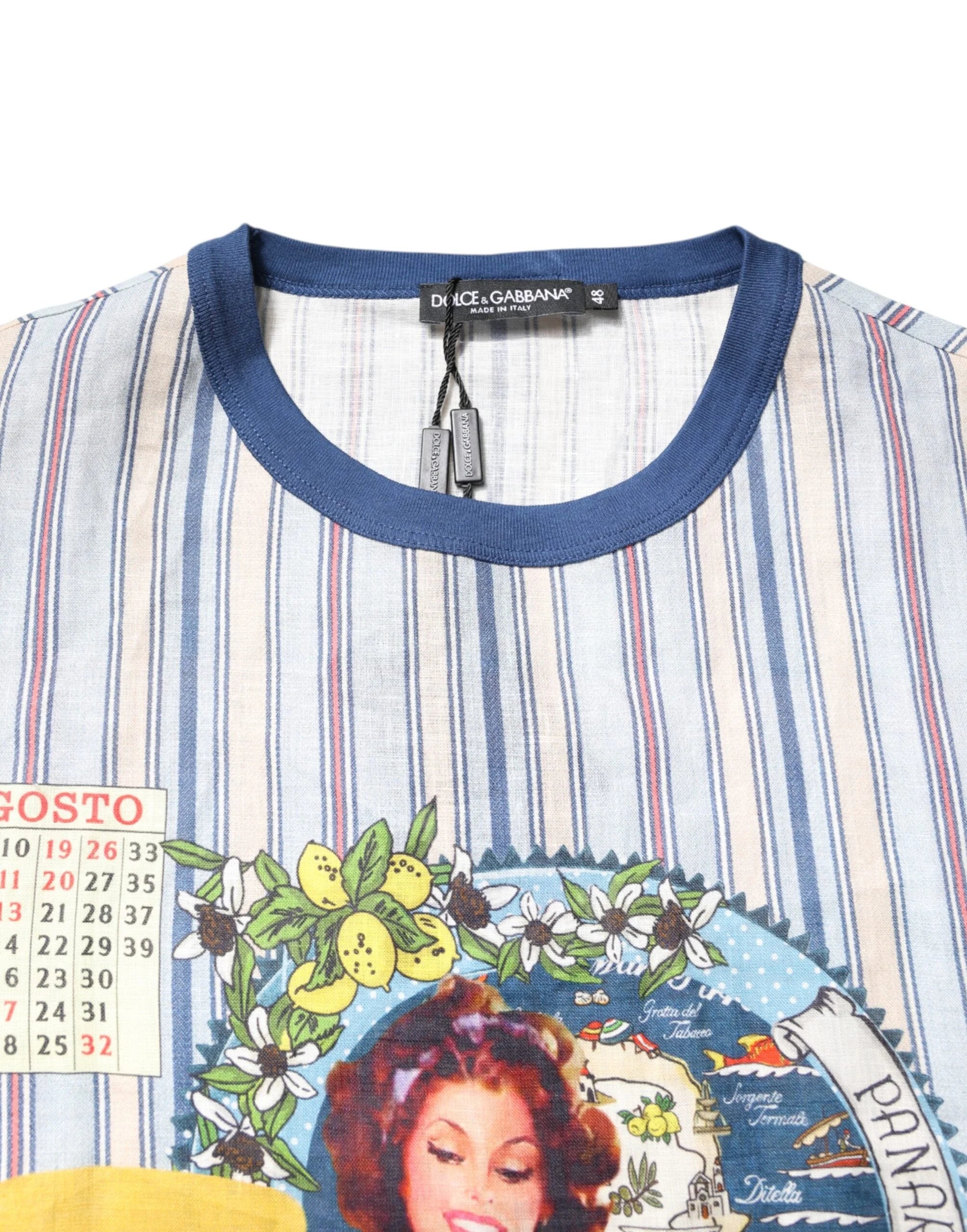 Dolce & Gabbana Multicolor Striped Pin Up Linen Round Neck T-shirt - T-Shirts