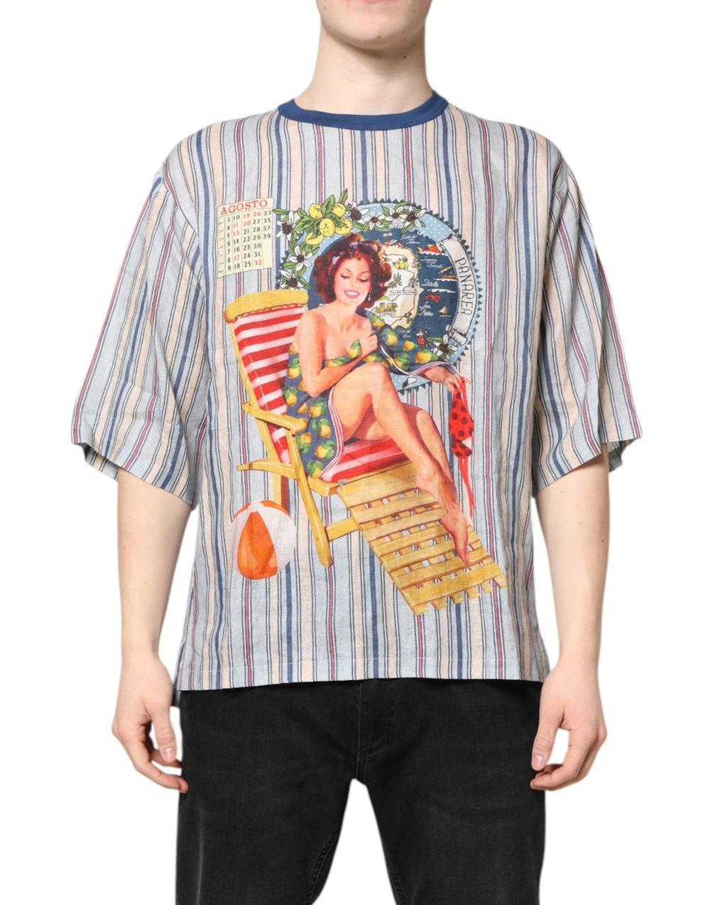 Dolce & Gabbana Multicolor Striped Pin Up Linen Round Neck T-shirt - T-Shirts