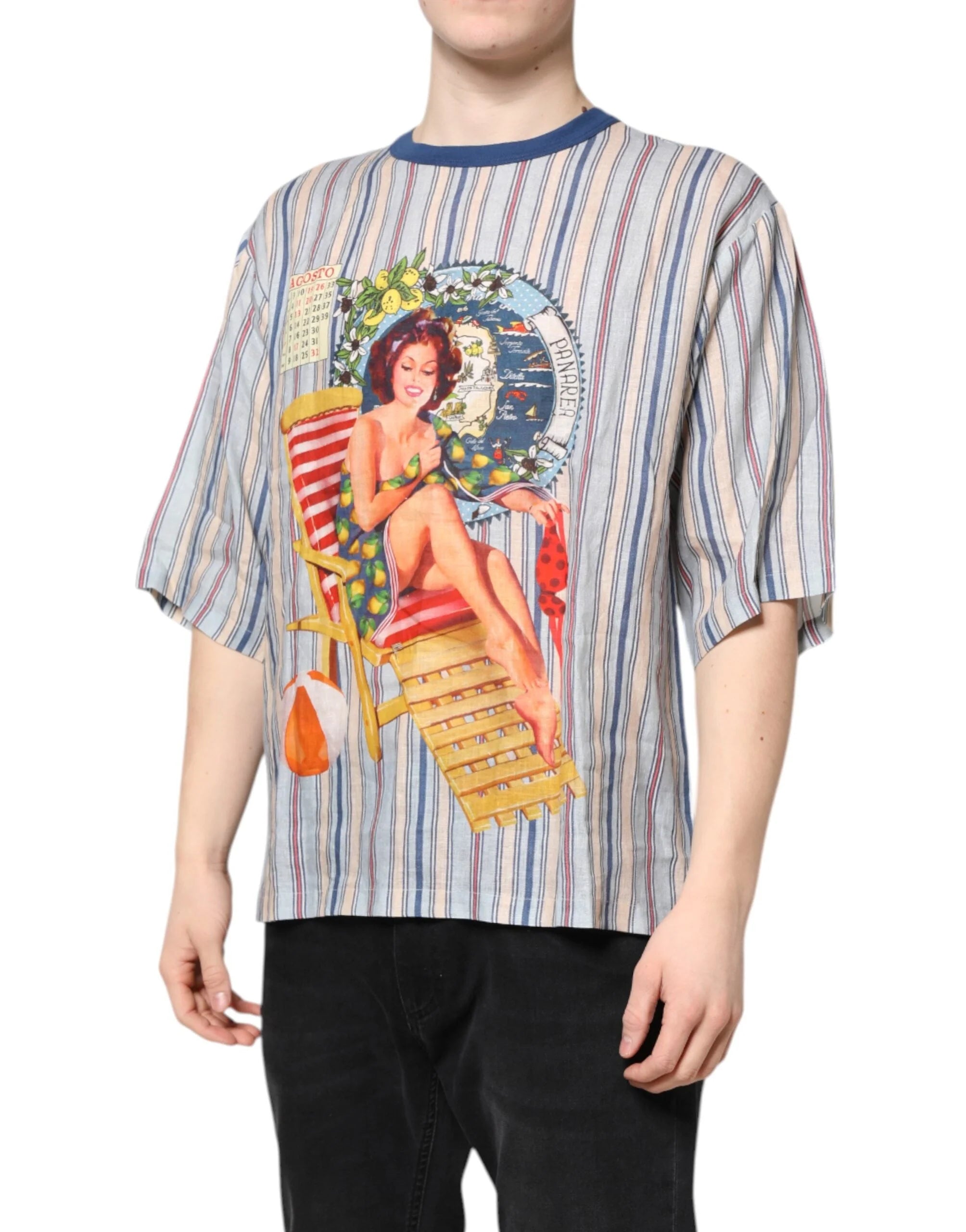 Dolce & Gabbana Multicolor Striped Pin Up Linen Round Neck T-shirt - T-Shirts