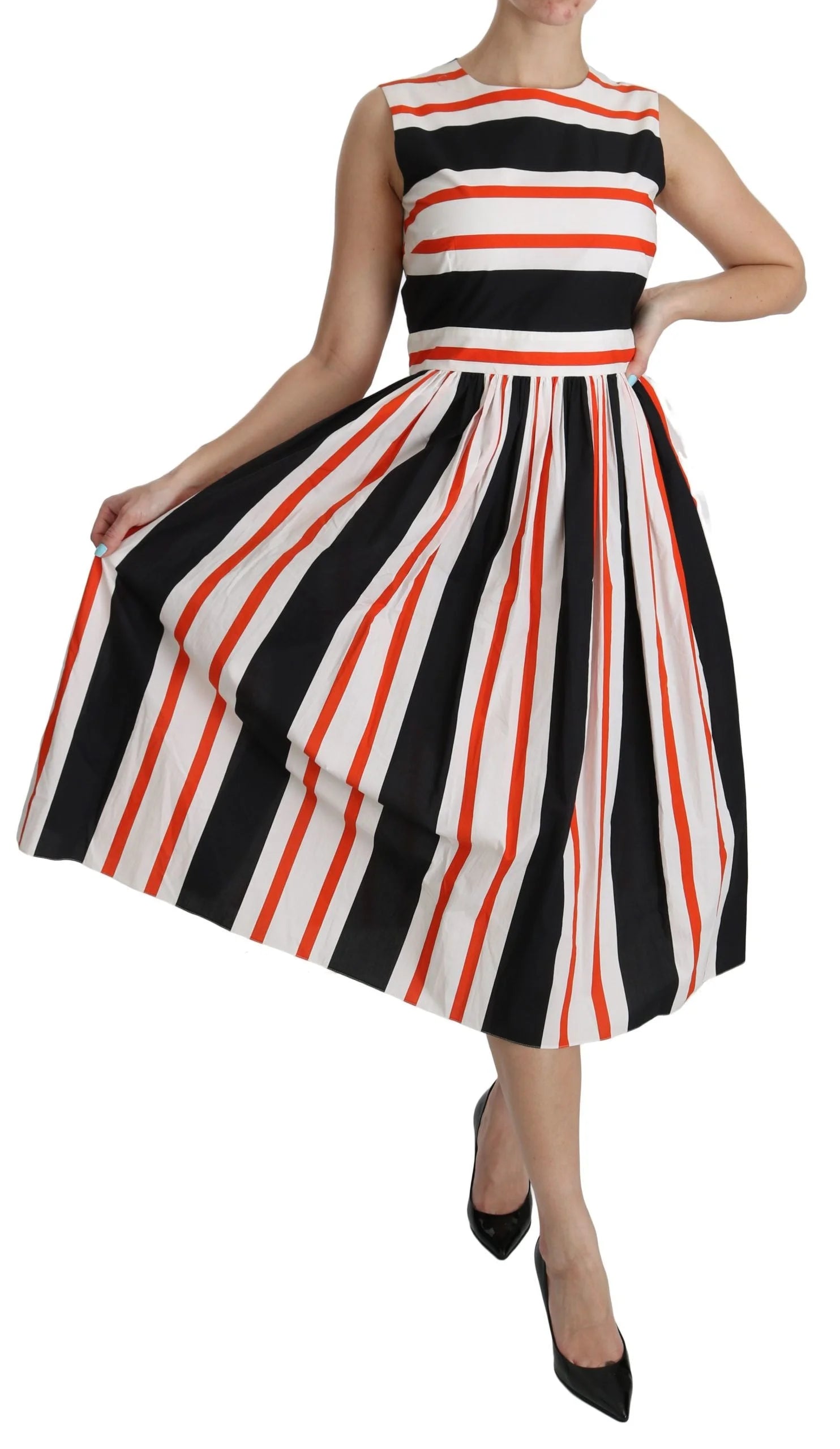 Dolce & Gabbana Multicolor Stripes A-Line Pleated Midi Dress - IT44|L - Dresses