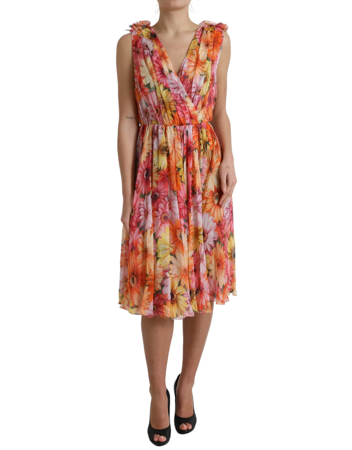 Dolce & Gabbana Multicolor Sunflower Print Silk Midi Dress - IT48|XXL - Dresses