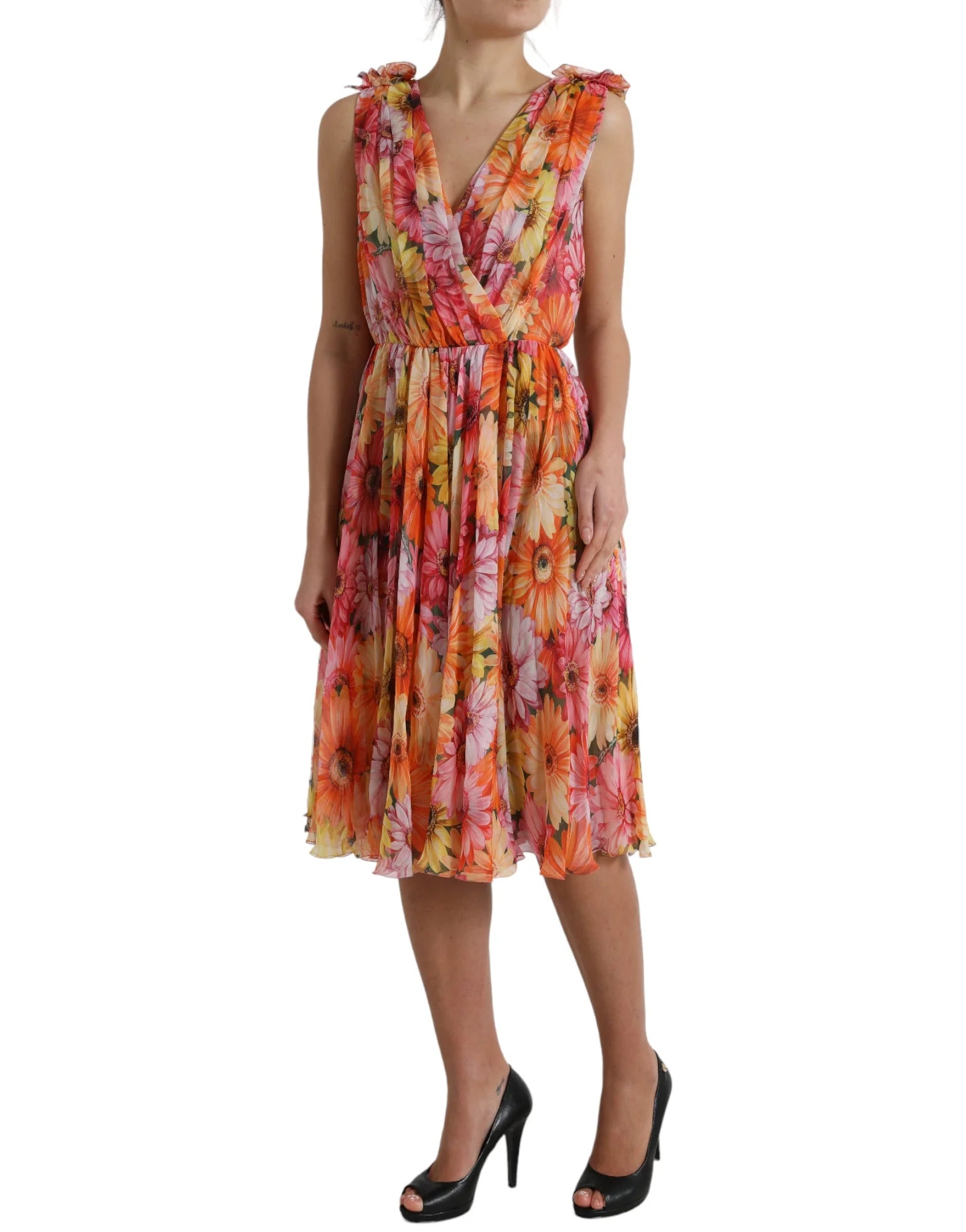 Dolce & Gabbana Multicolor Sunflower Print Silk Midi Dress - IT48|XXL - Dresses