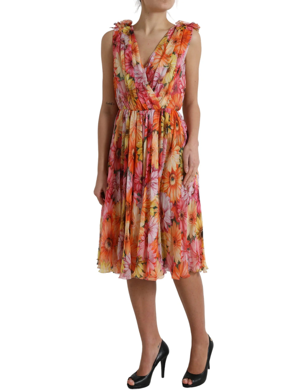 Dolce & Gabbana Multicolor Sunflower Print Silk Midi Dress - IT48|XXL - Dresses