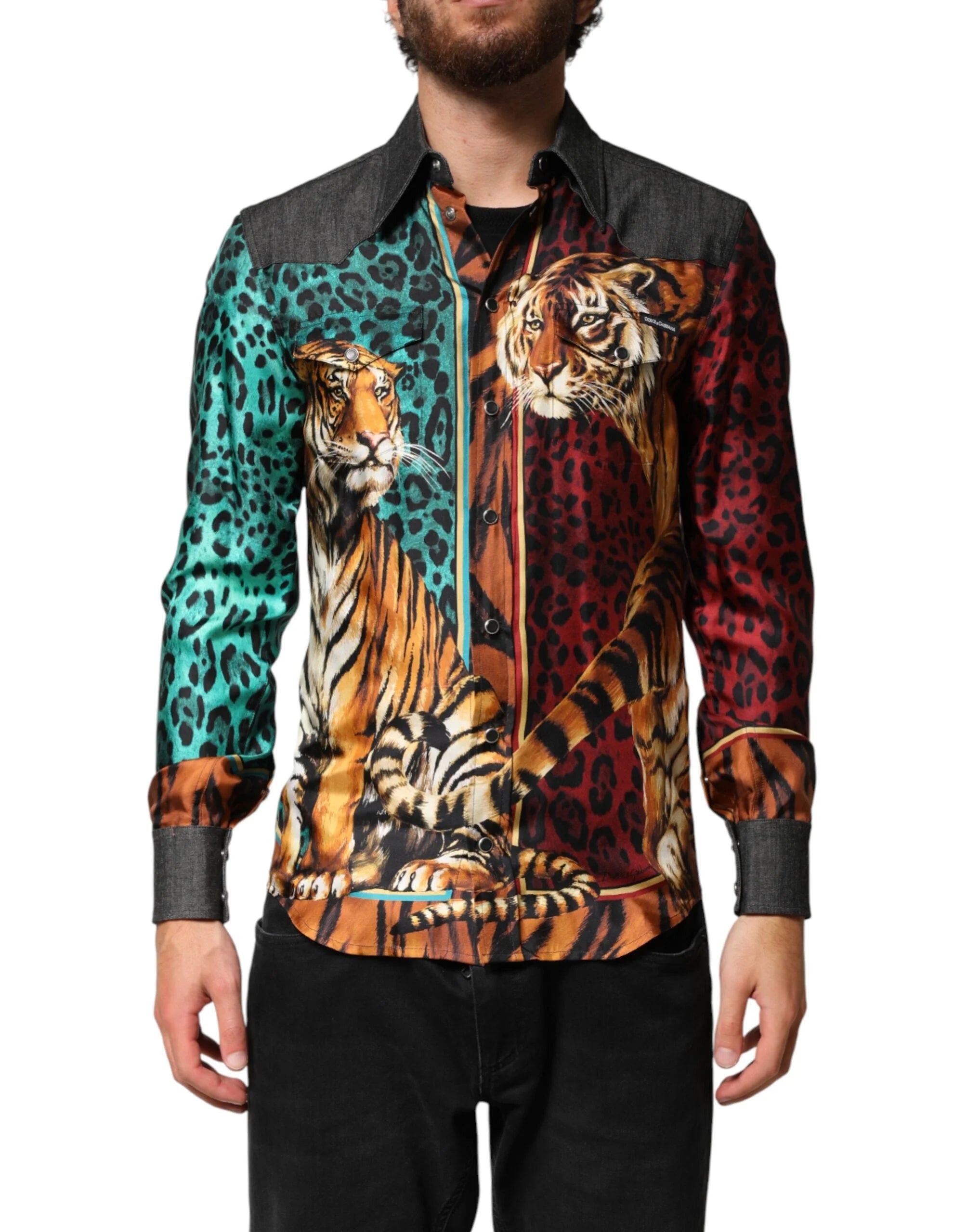 Dolce & Gabbana Multicolor Tiger Leopard Print Silk Men Shirt - IT38|XS