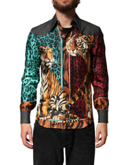 Dolce & Gabbana Multicolor Tiger Leopard Print Silk Men Shirt - IT38|XS