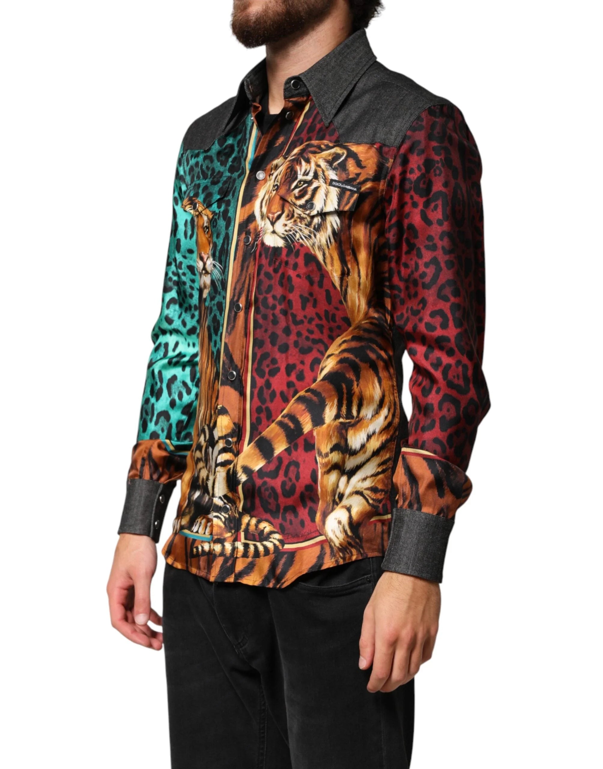 Dolce & Gabbana Multicolor Tiger Leopard Print Silk Men Shirt - IT38|XS