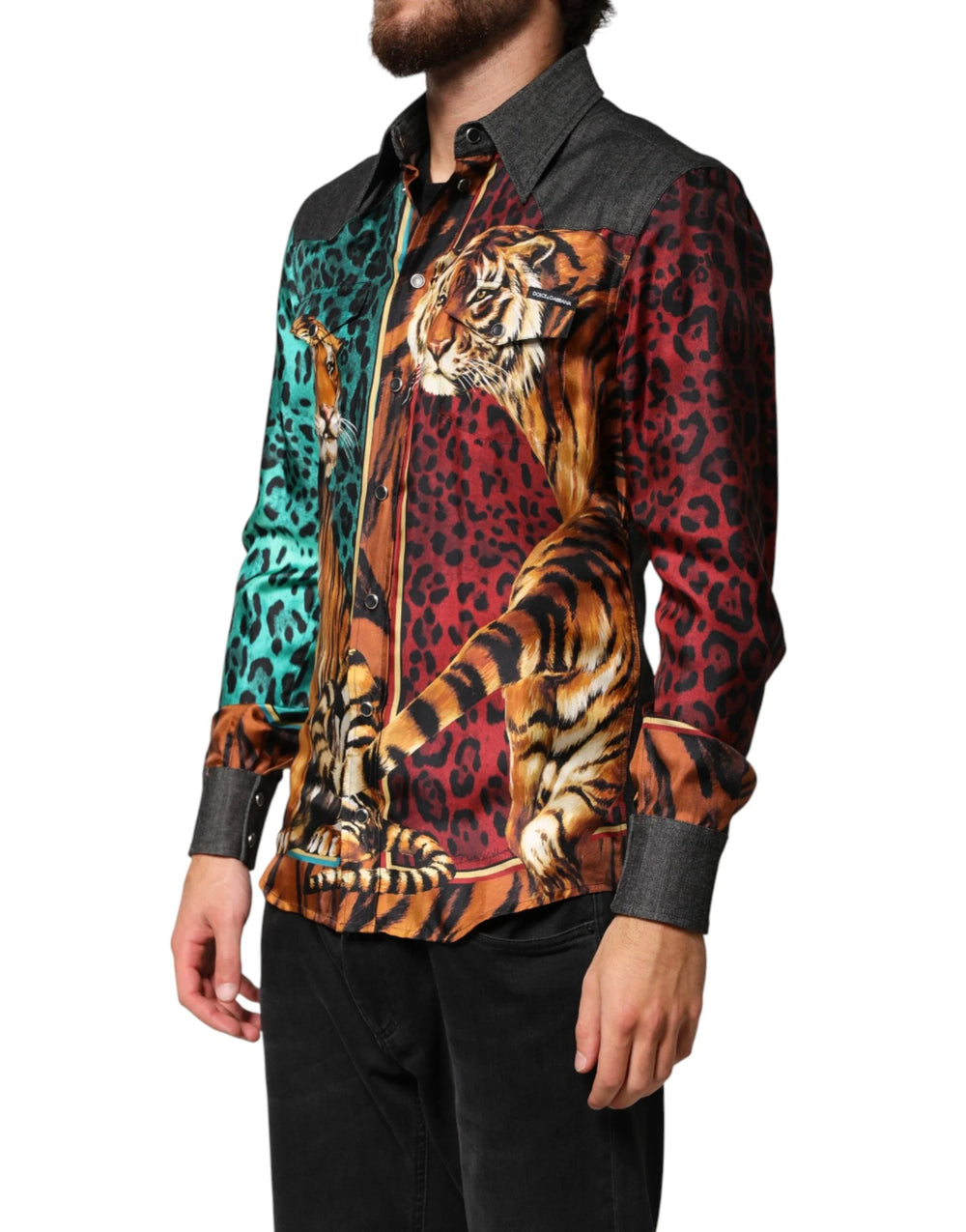 Dolce & Gabbana Multicolor Tiger Leopard Print Silk Men Shirt - IT38|XS