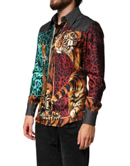 Dolce & Gabbana Multicolor Tiger Leopard Print Silk Men Shirt - IT38|XS