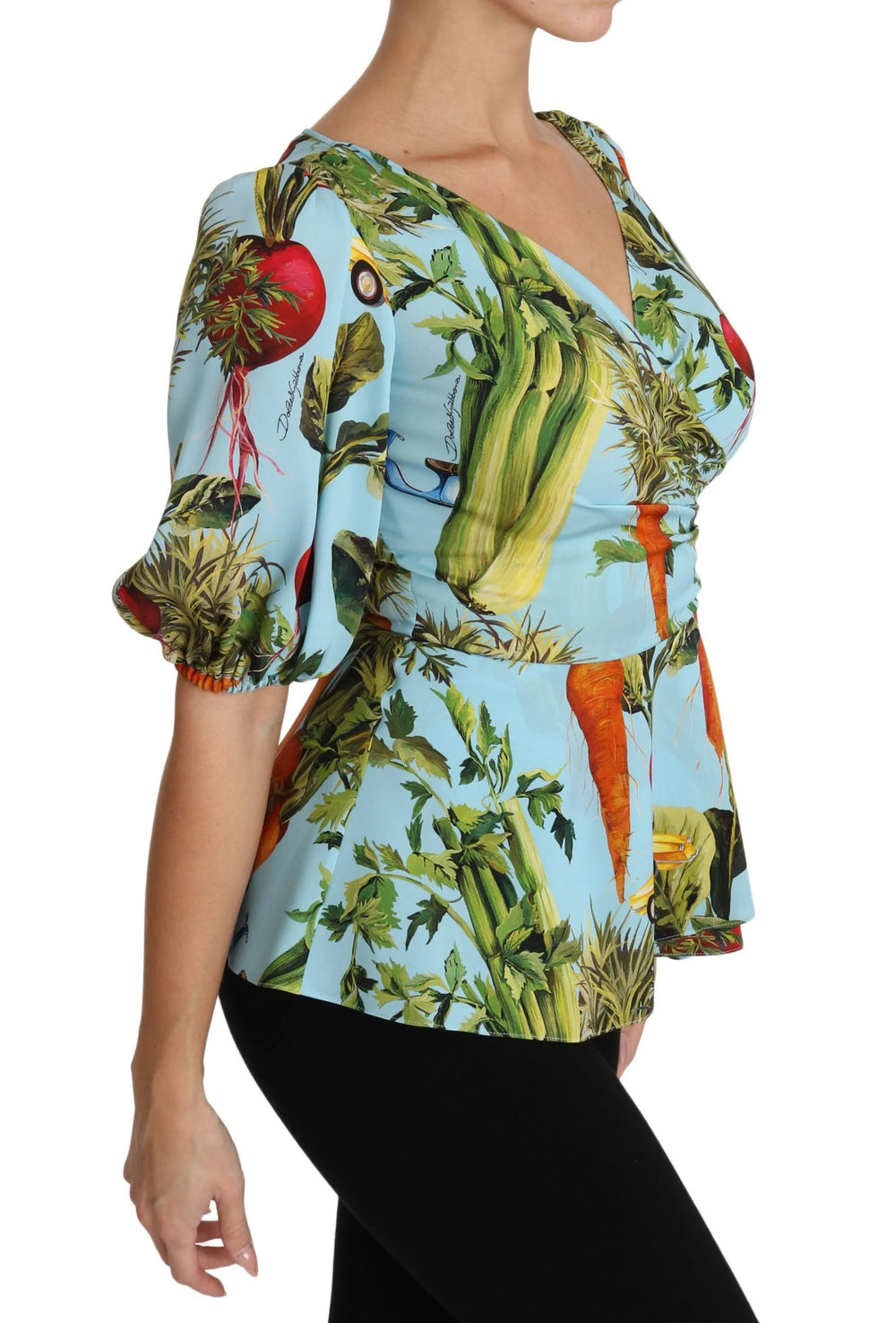 Dolce & Gabbana Multicolor Vegetable Print Silk Top Peplum Wrap Blouse - IT36 | XS - Blouses