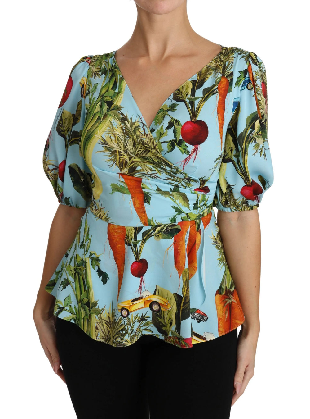 Dolce & Gabbana Multicolor Vegetable Print Silk Top Peplum Wrap Blouse - IT36 | XS - Blouses