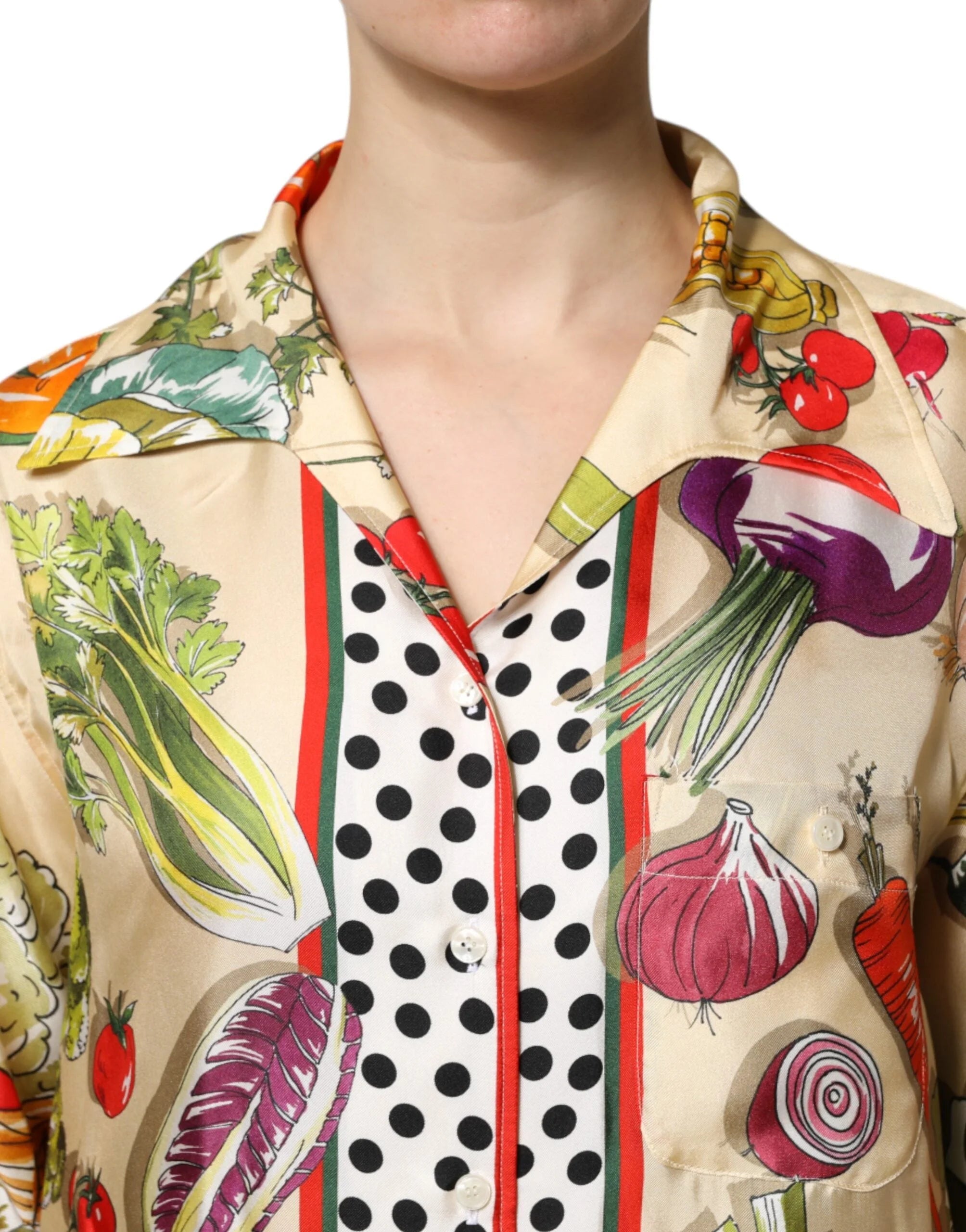 Dolce & Gabbana Multicolor Vegetables Silk Long Sleeves Top - Blouses