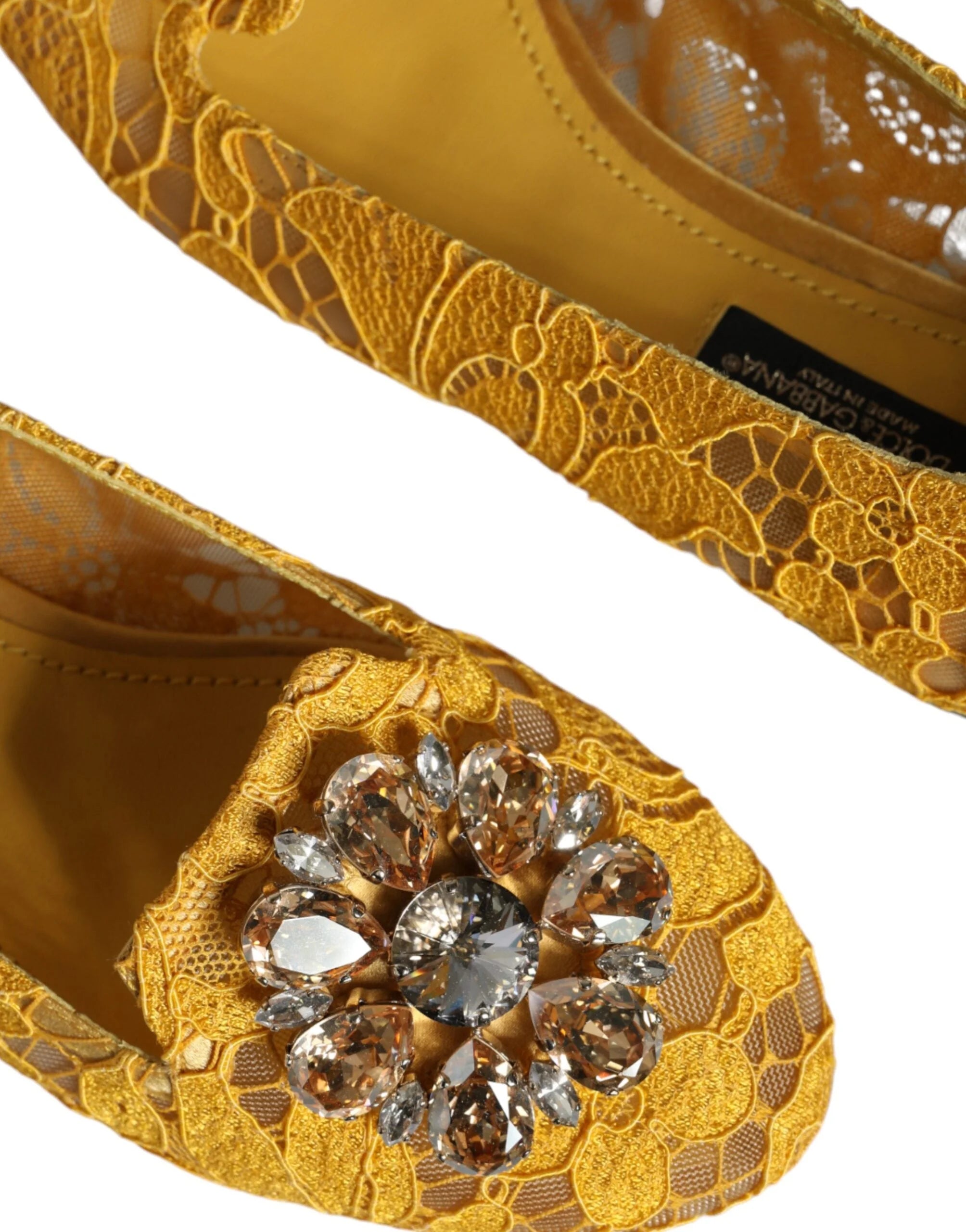 Dolce & Gabbana Mustard Lace Crystal Ballet Flats Loafer Shoes - EU35/US4.5 - Flats