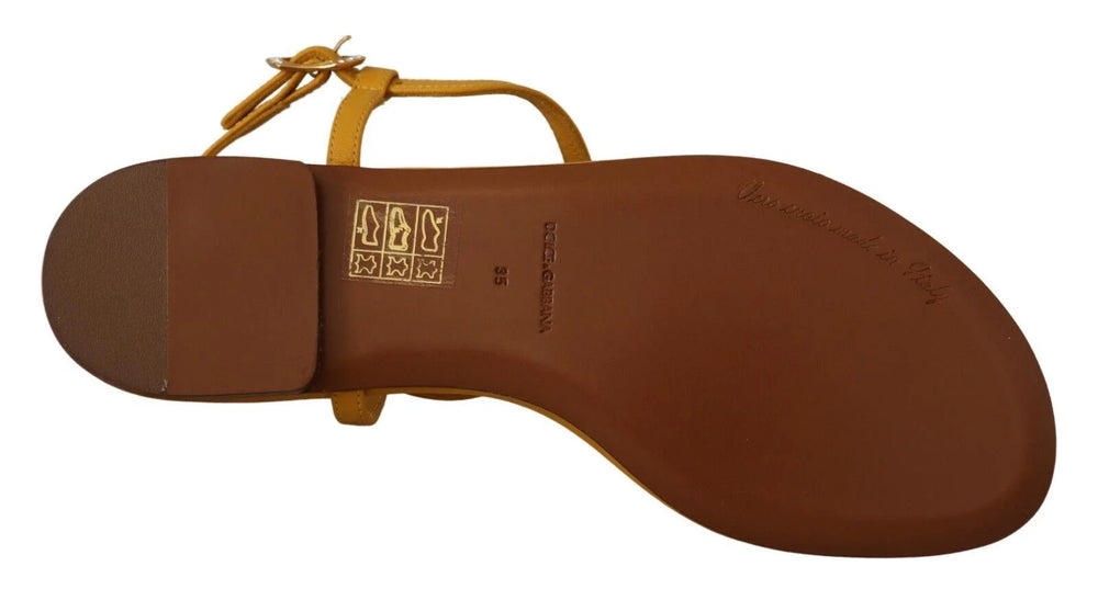 Dolce & Gabbana Mustard Leather Devotion Flats Sandals Shoes - EU35/US4.5 - Sandals
