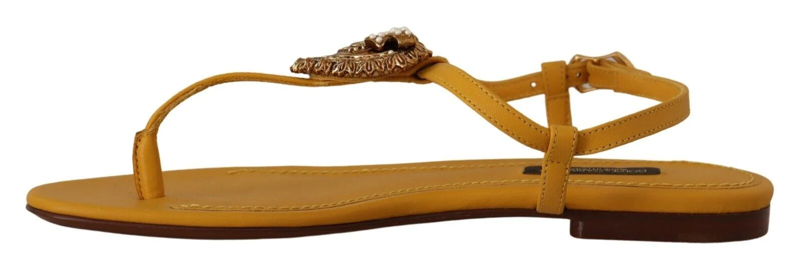 Dolce & Gabbana Mustard Leather Devotion Flats Sandals Shoes - EU35/US4.5 - Sandals