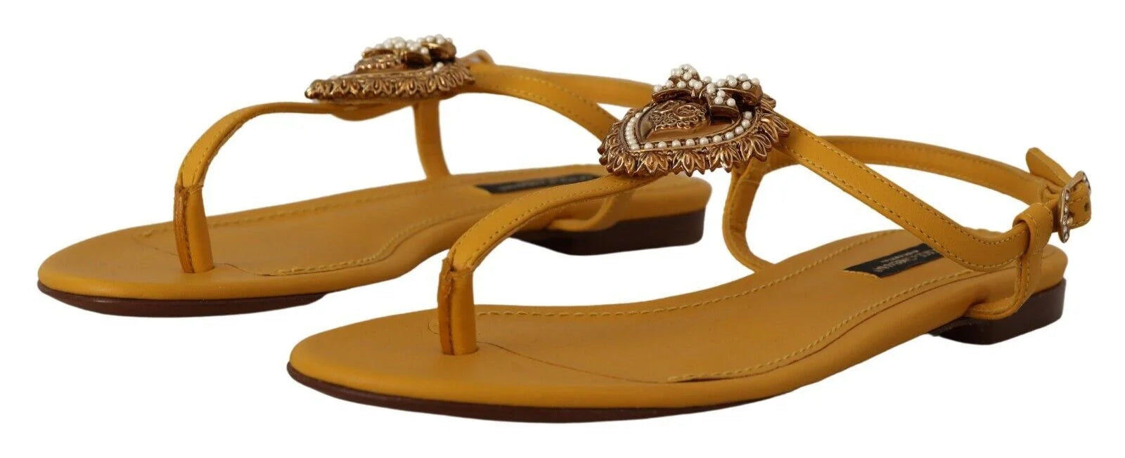 Dolce & Gabbana Mustard Leather Devotion Flats Sandals Shoes - EU35/US4.5 - Sandals