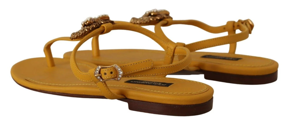 Dolce & Gabbana Mustard Leather Devotion Flats Sandals Shoes - EU35/US4.5 - Sandals