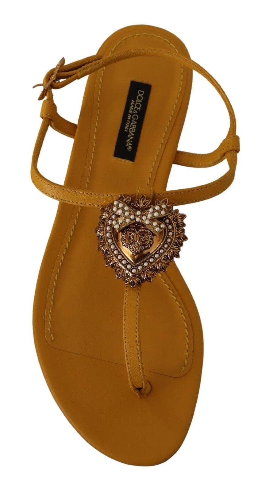 Dolce & Gabbana Mustard Leather Devotion Flats Sandals Shoes - EU35/US4.5 - Sandals