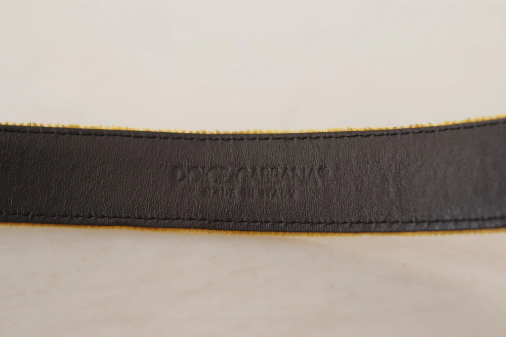 Dolce & Gabbana Mustard Velvet Gold Logo Engraved Metal Buckle Belt - 65 cm / 26 Inches - Belts
