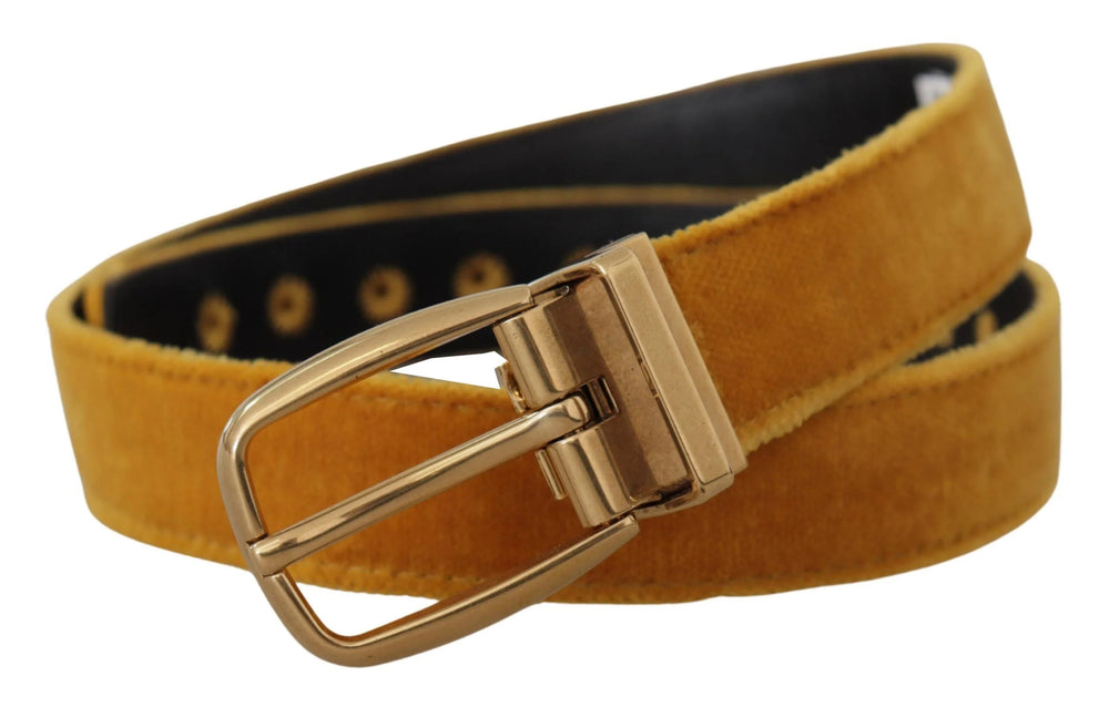 Dolce & Gabbana Mustard Velvet Gold Logo Engraved Metal Buckle Belt - 65 cm / 26 Inches - Belts