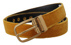 Dolce & Gabbana Mustard Velvet Gold Logo Engraved Metal Buckle Belt - 65 cm / 26 Inches - Belts