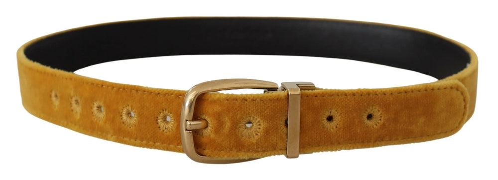 Dolce & Gabbana Mustard Velvet Gold Logo Engraved Metal Buckle Belt - 65 cm / 26 Inches - Belts