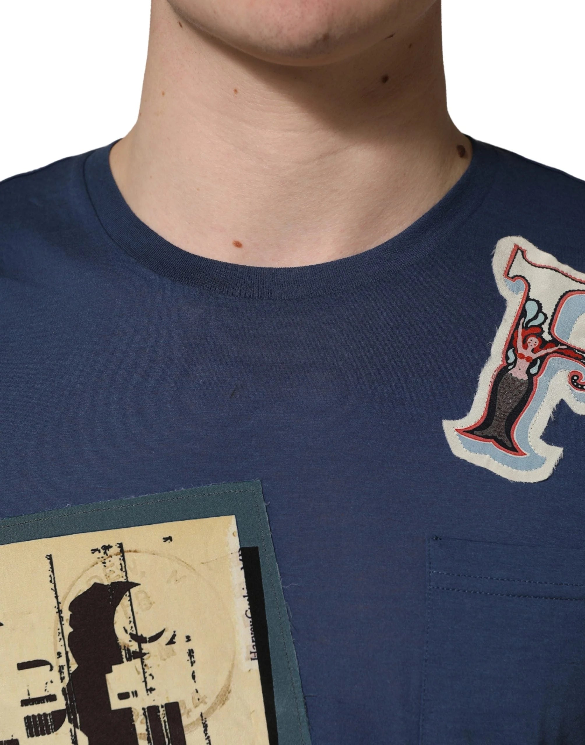 Dolce & Gabbana Navy Blue Cotton Graphic Crew Neck T-shirt - IT46 | S