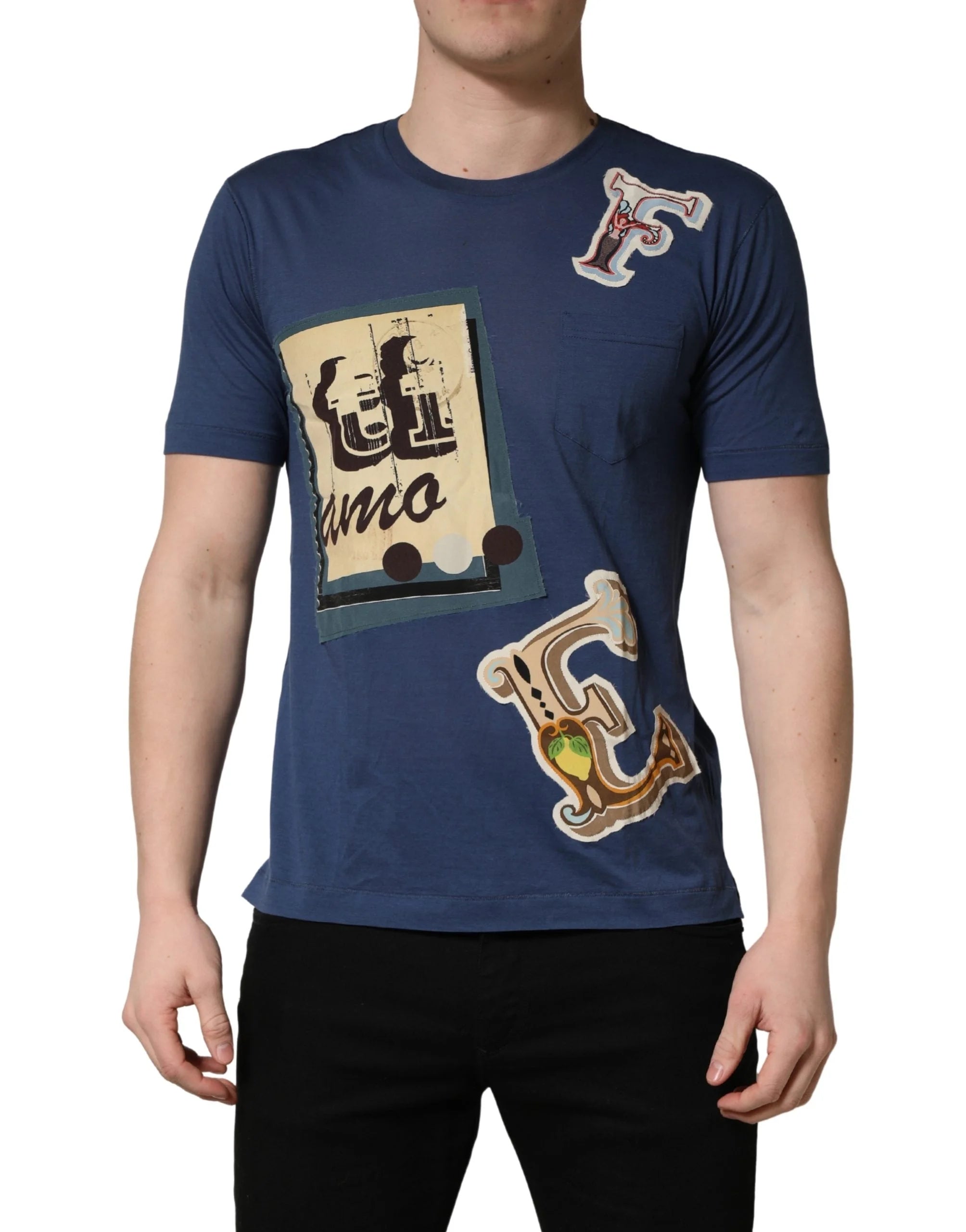 Dolce & Gabbana Navy Blue Cotton Graphic Crew Neck T-shirt - IT46 | S
