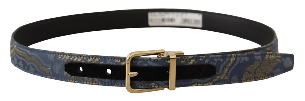 Dolce & Gabbana Navy Blue Jacquard Gold Tone Logo Metal Buckle Belt - 75 cm / 29,5 Inches - Belts