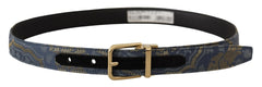 Dolce & Gabbana Navy Blue Jacquard Gold Tone Logo Metal Buckle Belt - 75 cm / 29,5 Inches - Belts