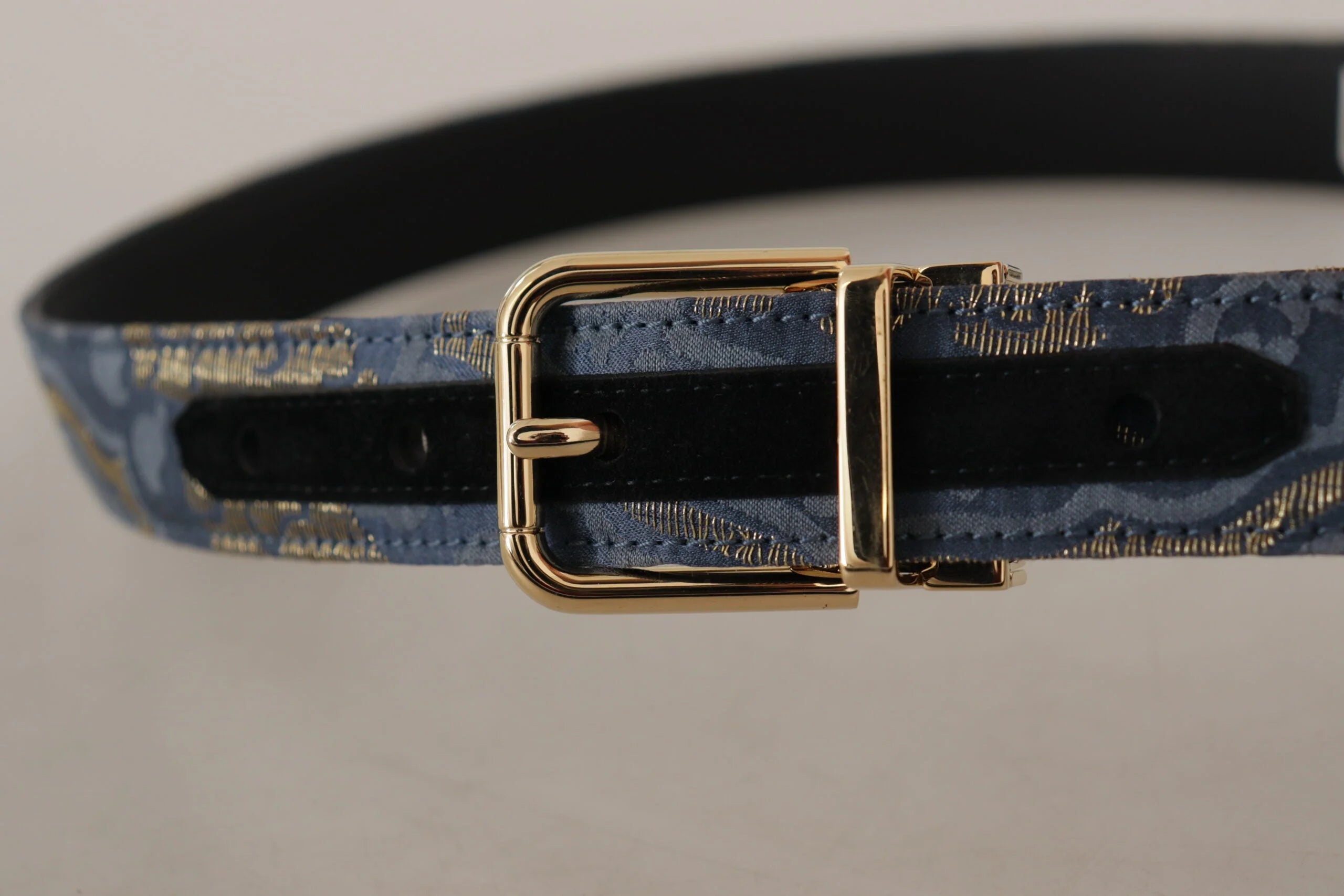 Dolce & Gabbana Navy Blue Jacquard Gold Tone Logo Metal Buckle Belt - 75 cm / 29,5 Inches - Belts