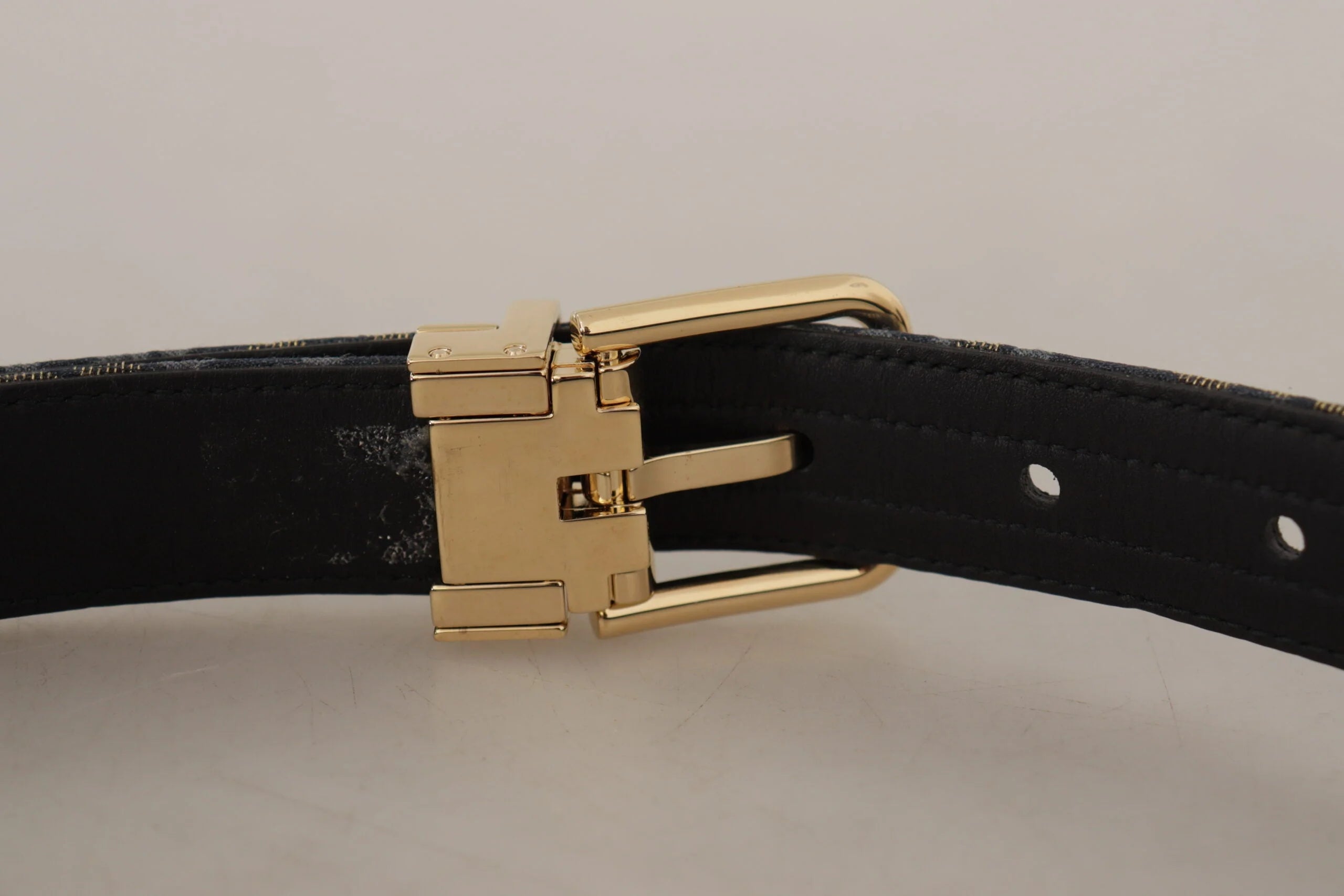 Dolce & Gabbana Navy Blue Jacquard Gold Tone Logo Metal Buckle Belt - 75 cm / 29,5 Inches - Belts