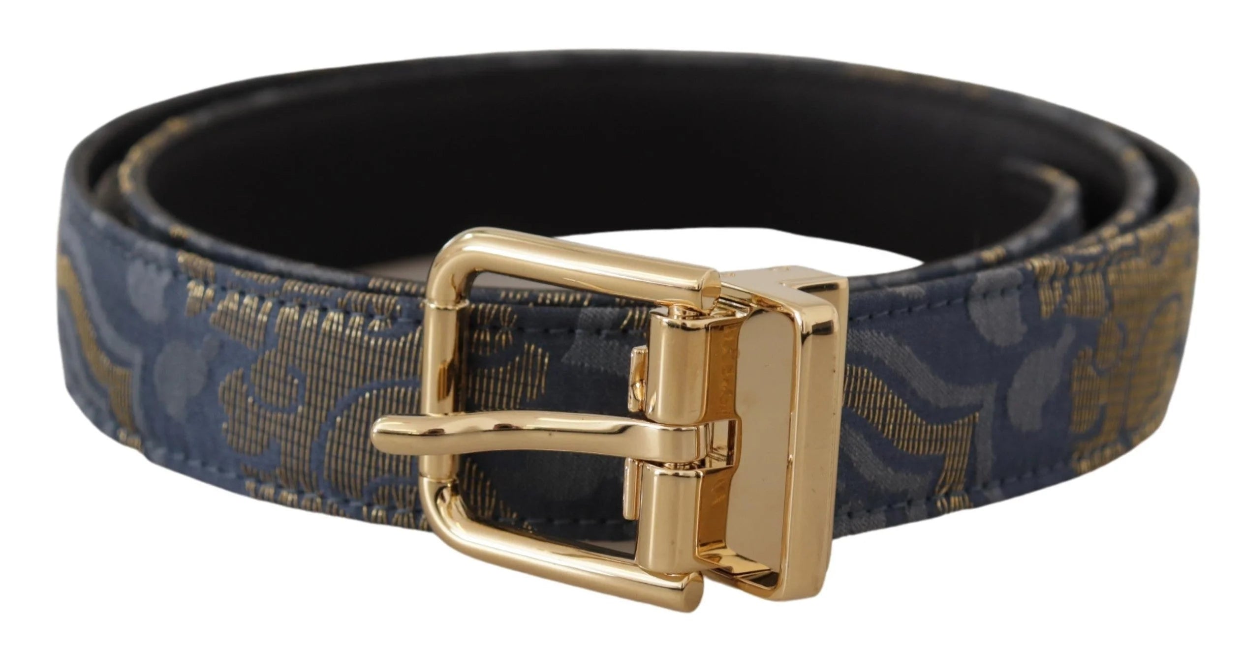 Dolce & Gabbana Navy Blue Jacquard Gold Tone Logo Metal Buckle Belt - 75 cm / 29,5 Inches - Belts