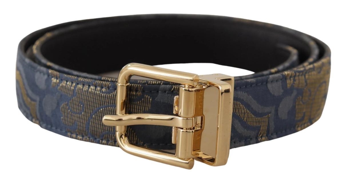 Dolce & Gabbana Navy Blue Jacquard Gold Tone Logo Metal Buckle Belt - 75 cm / 29,5 Inches - Belts